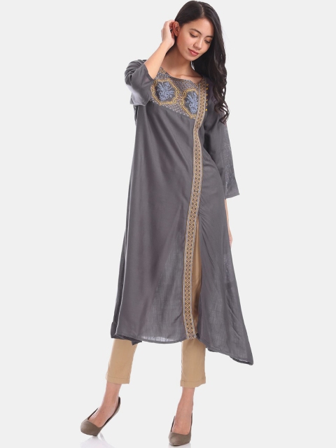

Karigari Women Grey Ethnic Motifs Embroidered Kurta