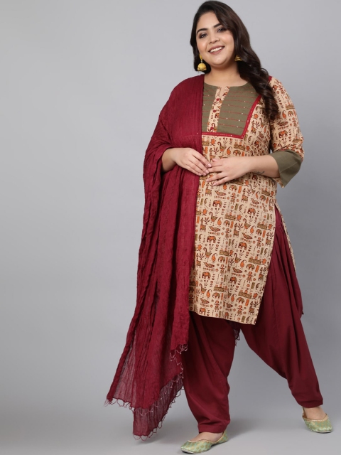 

Jaipur Kurti Women Maroon Ethnic Motifs Printed Flared Sleeves Thread Work Kurta