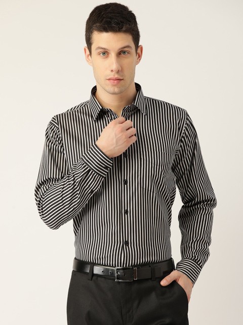 

Hancock Men Black & White Slim Fit Striped Pure Cotton Formal Shirt