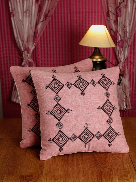 

HOSTA HOMES Set Of 2 Pink & Black Geometric Pure Cotton Square Cushion Covers