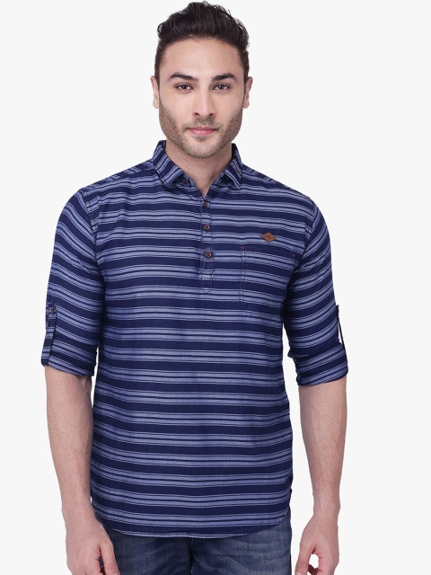 

Kuons Avenue Men Navy Blue Striped Denim Short Kurta