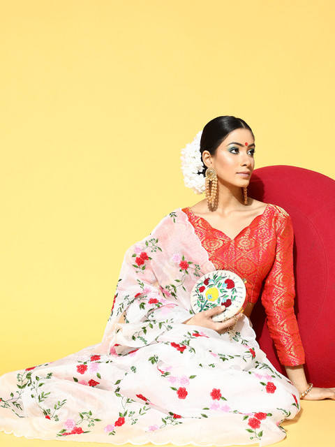 

Mitera Floral Saree with Embroidered Border, White