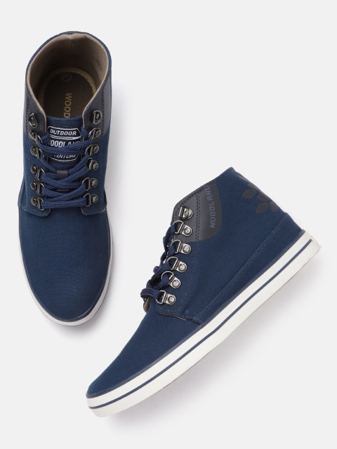 

Woodland Men Navy Blue & Black Solid Mid-Top Washable Brand Logo Print Detail Sneakers