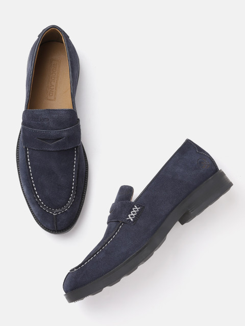 

Woodland Men Navy Blue Solid Leather Penny Loafers with Suede Finish