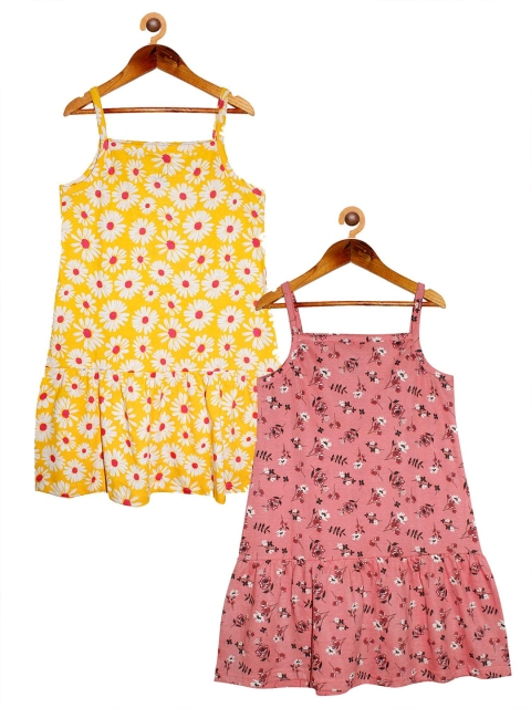 

KiddoPanti Pack of 2 Girls Pink & Yellow Floral Cotton Drop-Waist Dress