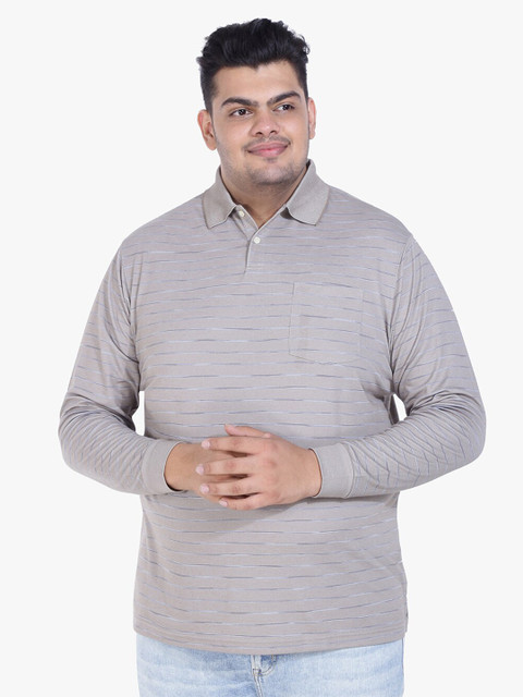 

Santonio Men Plus Size Grey Striped Polo Collar Regular Fit Pure Cotton Pockets T-shirt
