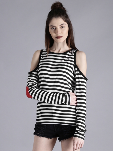 

Kook N Keech Women Black & White Striped Round Neck Cold Shoulder T-shirt