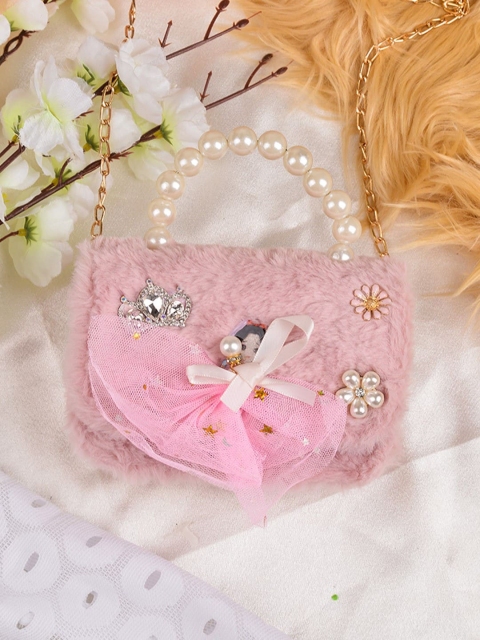 

POPLINS Girls Pink Embellished Structured Faux Fur Sling Bag with Applique