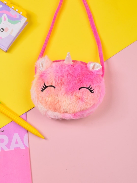

POPLINS Kids Pink Printed Structured Faux Fur Sling Bag with Applique