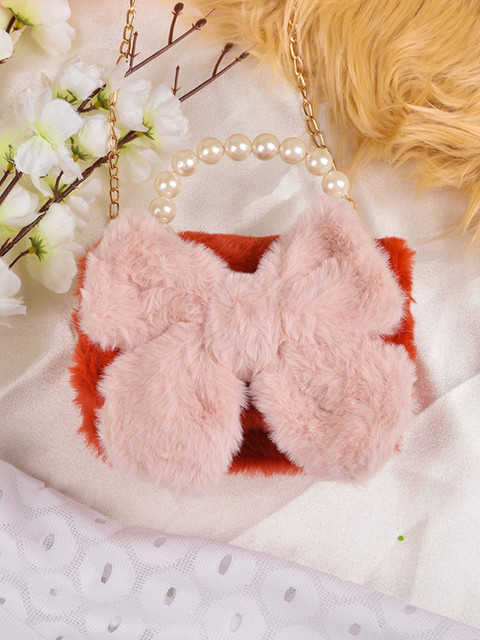

POPLINS Red Structured Faux Fur Sling Bag with Applique