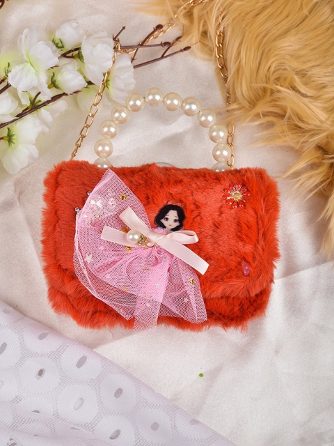

POPLINS Girls Red Embellished Structured Faux Fur Sling Bag with Applique