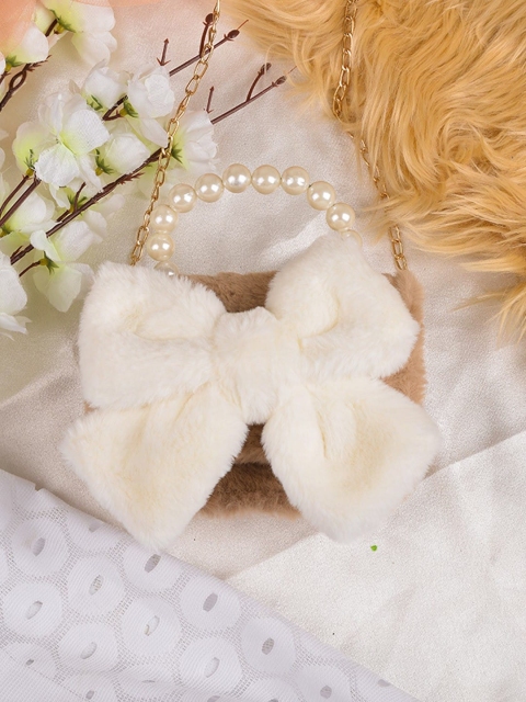 

POPLINS Brown Structured Faux Fur Sling Bag with Bow Detail