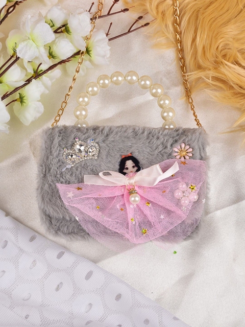 

POPLINS Grey Embellished Structured Faux Fur Sling Bag
