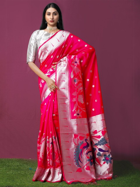 

Unnati Silks Pink & Silver-Toned Ethnic Motifs Zari Art Silk Paithani Saree