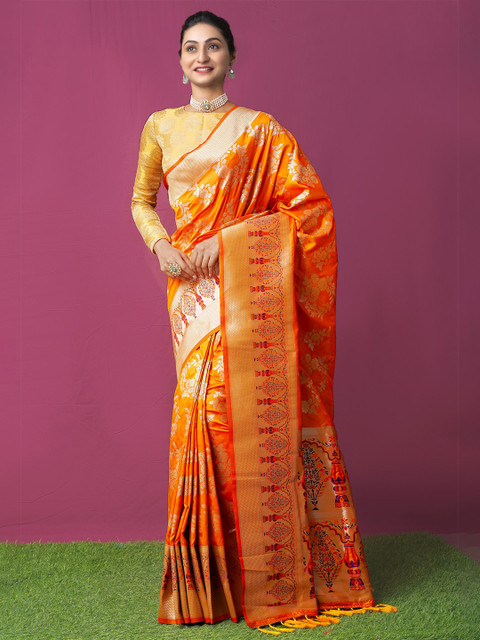 

Unnati Silks Orange & Gold-Toned Ethnic Motifs Zari Art Silk Paithani Saree