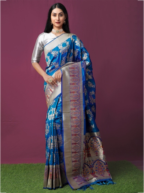 

Unnati Silks Blue & Gold-Toned Ethnic Motifs Zari Art Silk Paithani Saree