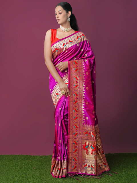 

Unnati Silks Pink & Red Ethnic Motifs Zari Art Silk Paithani Saree