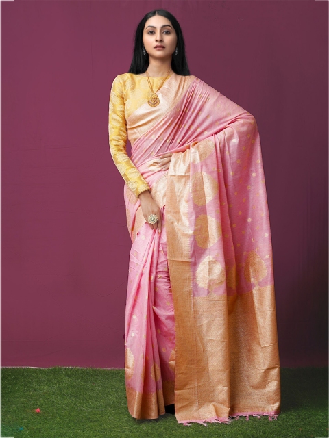 

Unnati Silks Pink & Gold-Toned Woven Design Zari Jute Silk Kanjeevaram Saree