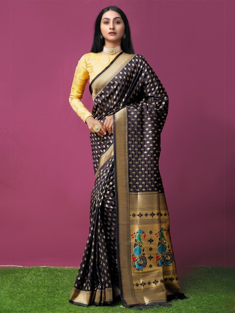 

Unnati Silks Black & Blue Ethnic Motifs Silk Blend Kanjeevaram Saree