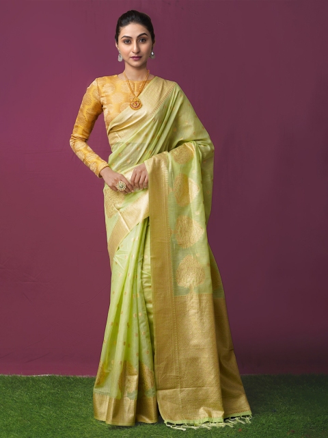 

Unnati Silks Lime Green & Gold-Toned Ethnic Motifs Zari Jute Silk Kanjeevaram Saree