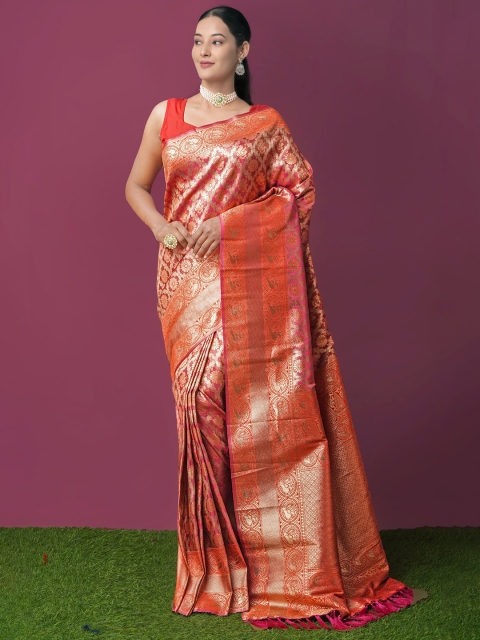 

Unnati Silks Pink & Orange Ethnic Motifs Zari Kanjeevaram Saree