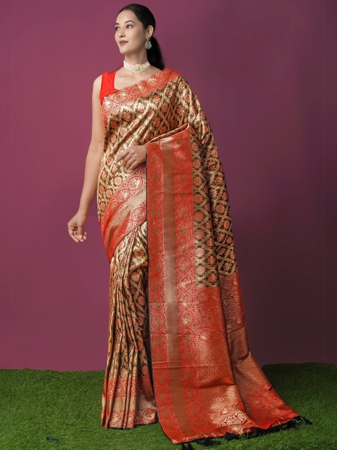 

Unnati Silks Grey & Red Woven Design Zari Silk Blend Kanjeevaram Saree