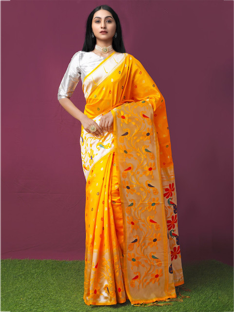 

Unnati Silks Yellow & Gold-Toned Ethnic Motifs Zari Art Silk Paithani Saree
