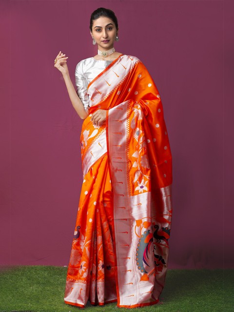 

Unnati Silks Orange & Silver-Toned Ethnic Motifs Zari Art Silk Paithani Saree