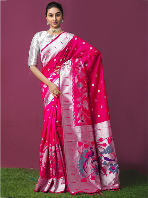 

Unnati Silks Pink & Silver-Toned Ethnic Motifs Zari Art Silk Paithani Saree