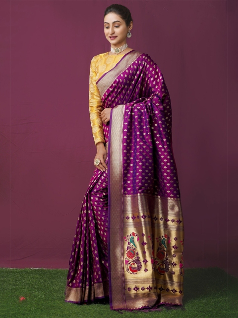 

Unnati Silks Purple & Gold-Toned Ethnic Motifs Woven Design Kanjeevaram Saree