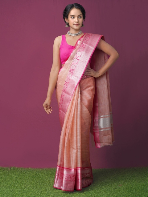 

Unnati Silks Pink & Silver-Toned Woven Design Zari Tissue Kota Saree