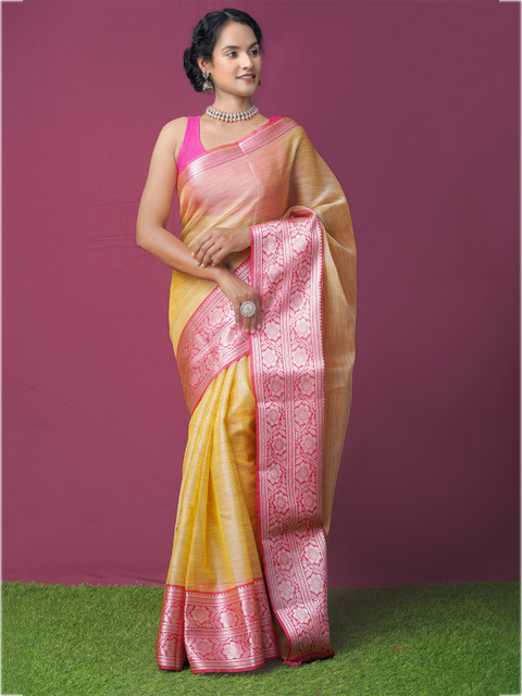 

Unnati Silks Yellow & Pink Ethnic Motifs Zari Tissue Kota Saree