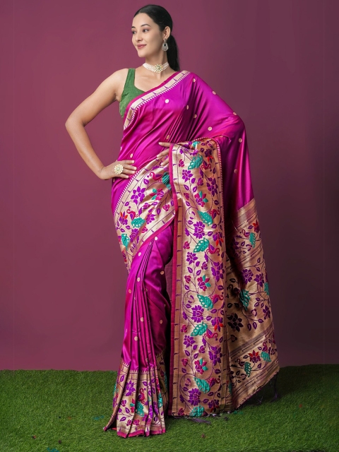 

Unnati Silks Pink & Green Floral Zari Art Silk Paithani Saree