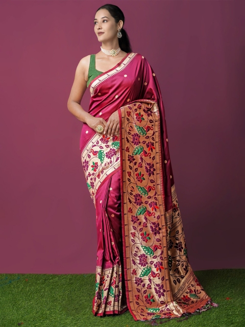 

Unnati Silks Maroon & Green Ethnic Motifs Zari Art Silk Paithani Saree
