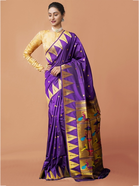 

Unnati Silks Violet & Gold-Toned Ethnic Motifs Zari Art Silk Paithani Saree