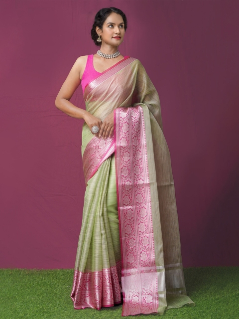 

Unnati Silks Green & Pink Woven Design Zari Tissue Kota Saree