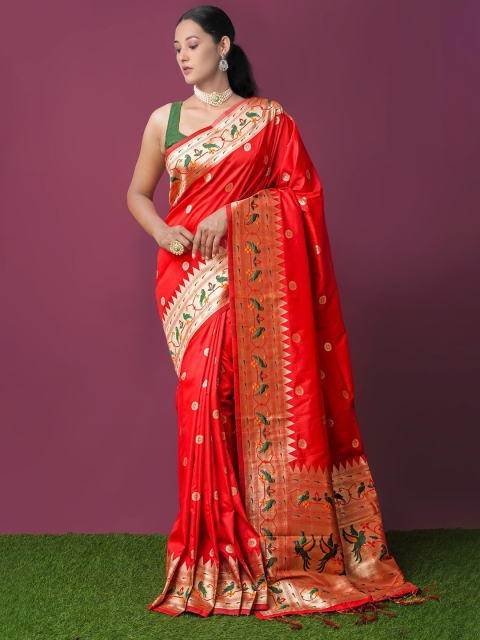

Unnati Silks Red & Gold-Toned Ethnic Motifs Zari Art Silk Paithani Saree