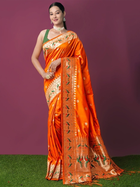 

Unnati Silks Orange & Gold-Toned Ethnic Motifs Zari Art Silk Paithani Saree