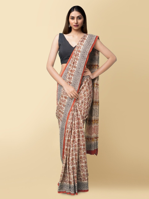 

Unnati Silks Cream-Coloured & Maroon Ethnic Motifs Pure Cotton Bagru Saree