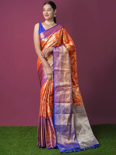 

Unnati Silks Orange & Blue Gold-Toned Ethnic Motifs Woven Design Kanjeevaram Saree