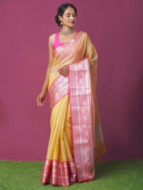 

Unnati Silks Yellow & Pink Ethnic Motifs Zari Tissue Kota Saree