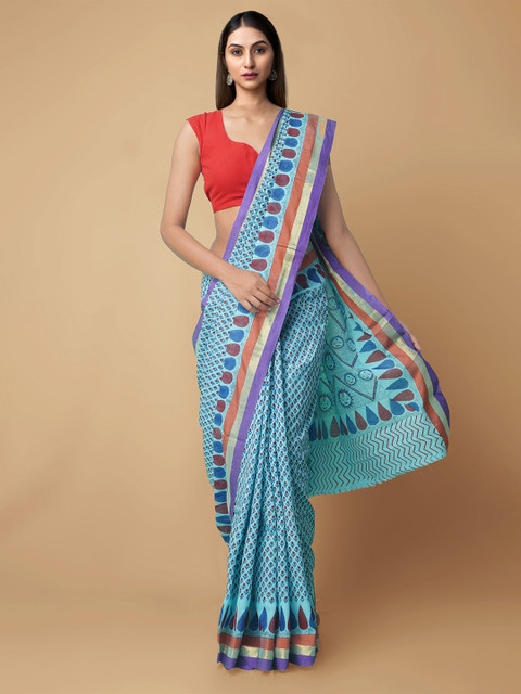

Unnati Silks Blue & Purple Block Print Pure Cotton Saree