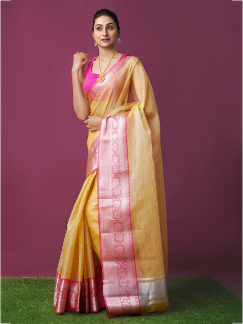 

Unnati Silks Yellow & Pink Woven Design Zari Tissue Kota Saree