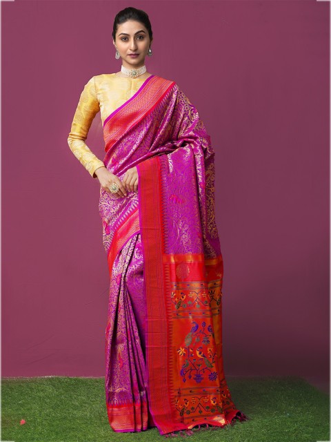 

Unnati Silks Pink & Red Ethnic Motifs Zari Silk Blend Kanjeevaram Saree
