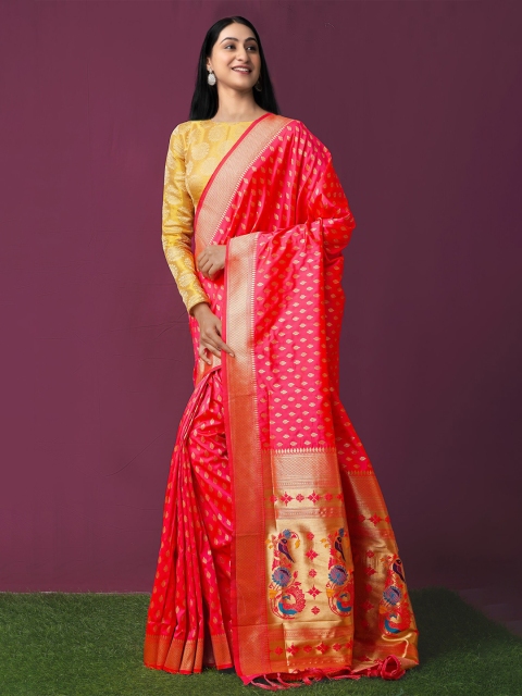 

Unnati Silks Pink & Gold-Toned Ethnic Motifs Zari Silk Blend Kanjeevaram Saree