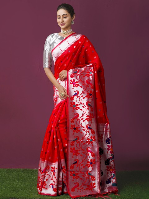 

Unnati Silks Red & Silver-Toned Ethnic Motifs Zari Art Silk Paithani Saree