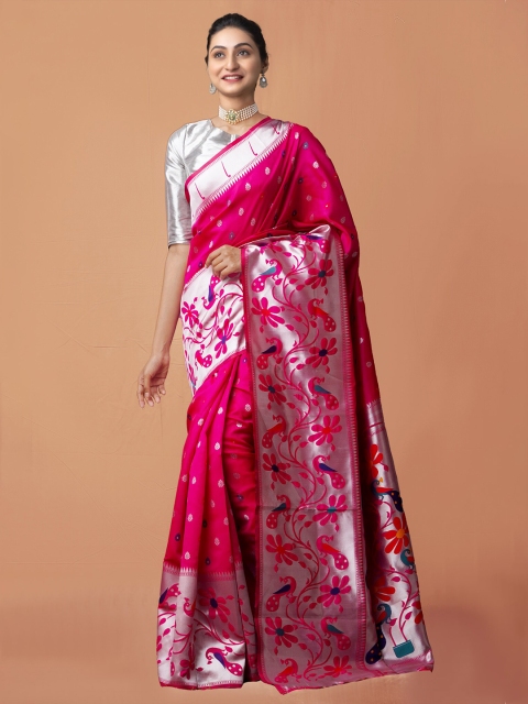 

Unnati Silks Pink & Silver-Toned Woven Design Art Silk Paithani Saree