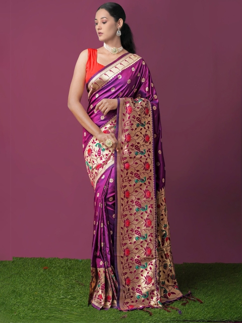 

Unnati Silks Purple & Pink Woven Design Zari Art Silk Paithani Saree