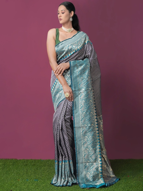 

Unnati Silks Blue & Gold-Toned Ethnic Motifs Zari Silk Blend Kanjeevaram Saree