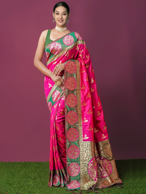 

Unnati Silks Pink & Gold-Toned Ethnic Motifs Woven Design Paithani Saree